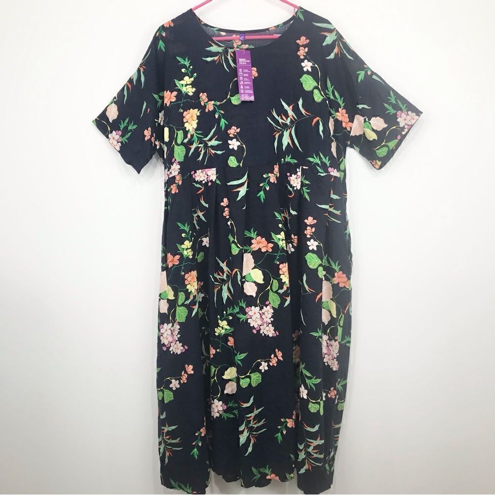 Romacci Navy Blue Floral Print Lightweight Cotton Popover Dress NEW
